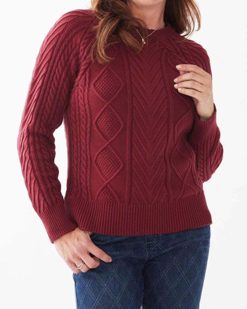 Front of a model wearing a size LARGE A-Line Cable Raglan Sweater in Cabernet in Cabernet by FDJ. | dia_product_style_image_id:332446
